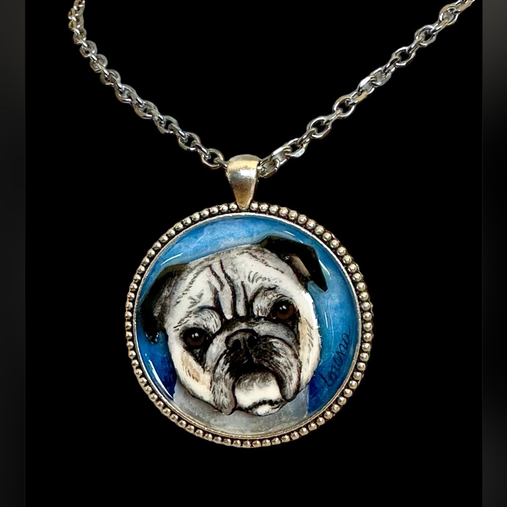 PUG dog handpainted antique silver alloy lg bezel w silver toned 16” chain
